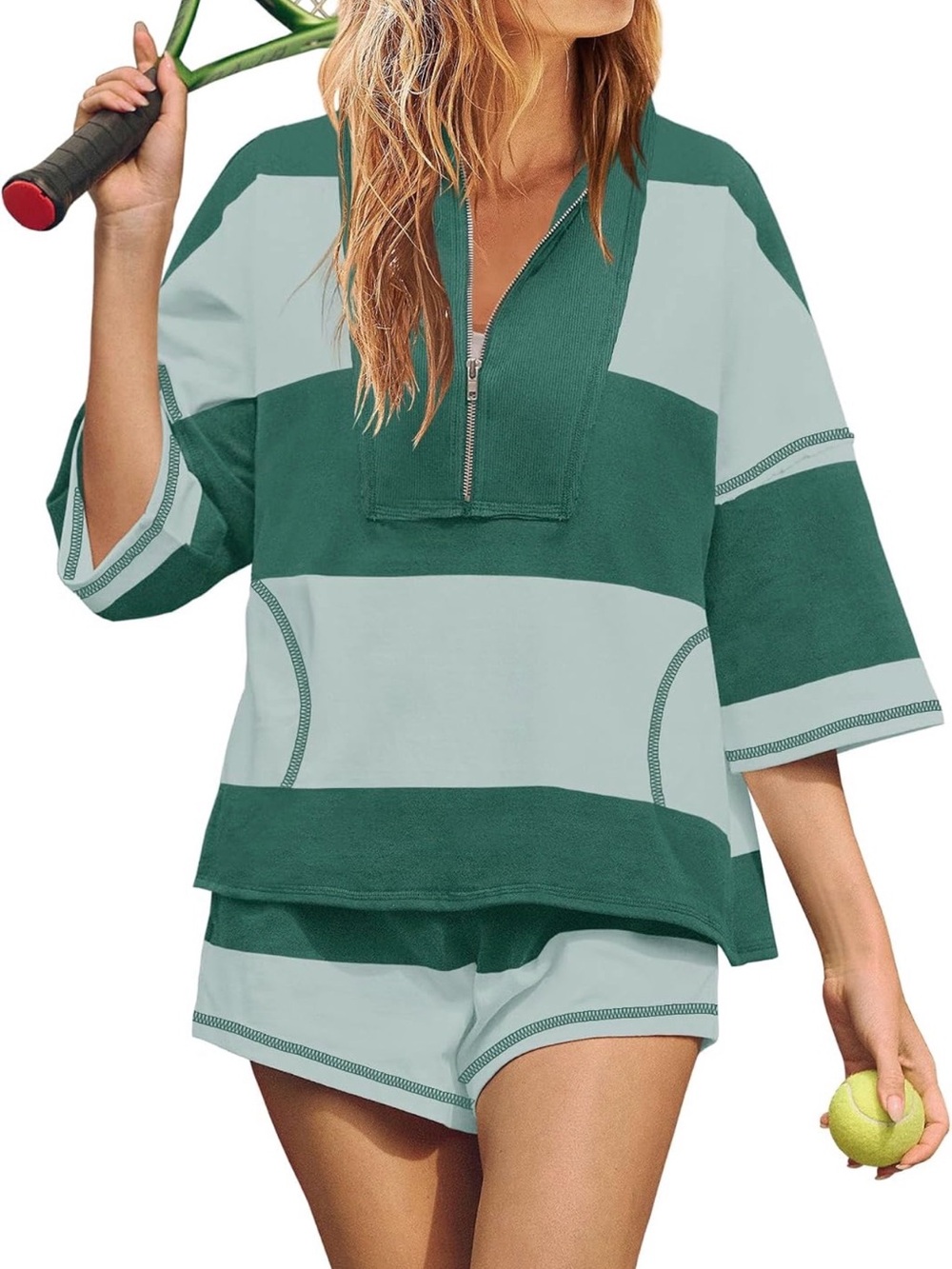 Women's Two-Tone Green Striped Lounge Set with Zip